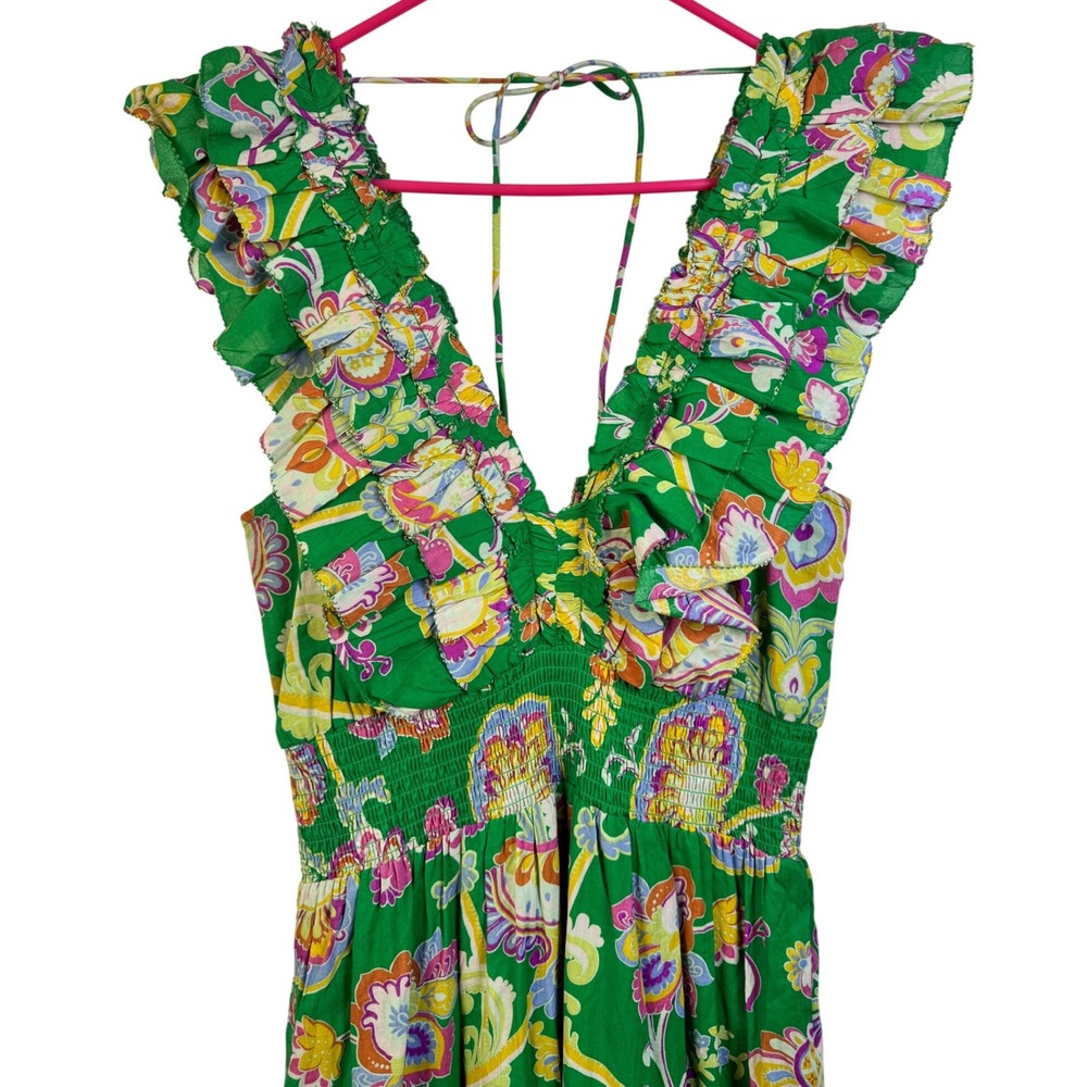 Caroline Constas Green Floral Paisley Ruffle Tiered Maxi Dress Smocked Waist NWT - Picture 3 of 11